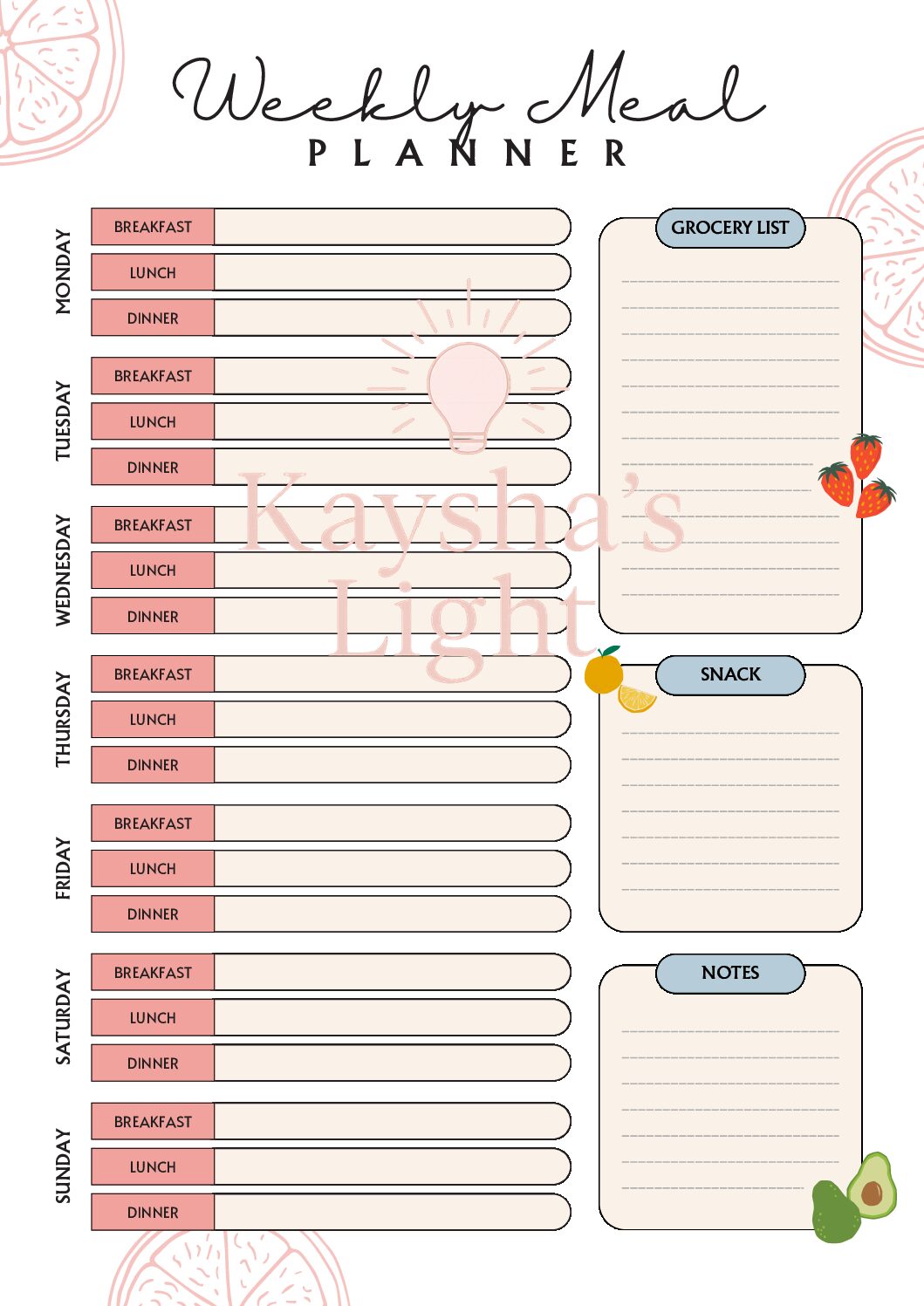 Weekly Meal Planner Printable Digital Download | Meal Plan Template, Grocery List & Food Planner PDF