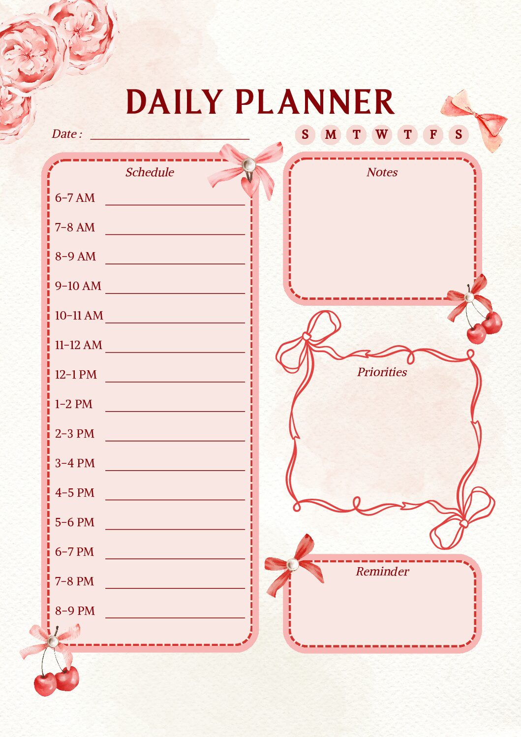 Coquette Daily Planner Digital Download | Cute Bow Planner Printable